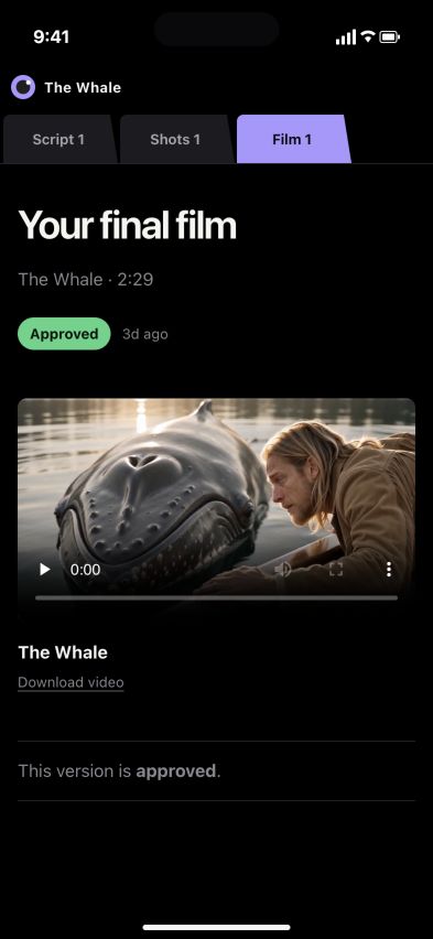 The finished film The Whale in the actual mobile Review Room, approved and ready to download